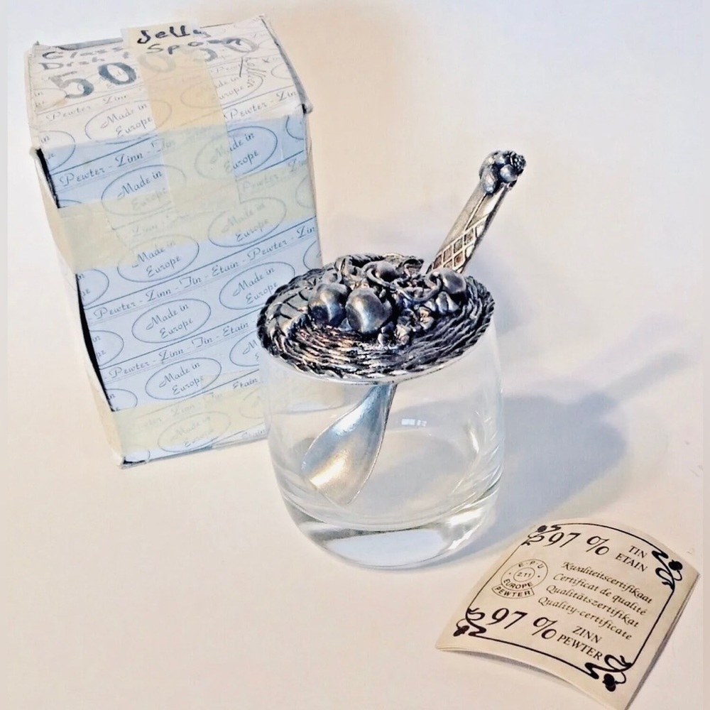 Cherry Pattern European Glass Marmalade Jelly Jar & Spoon Pewter Lid